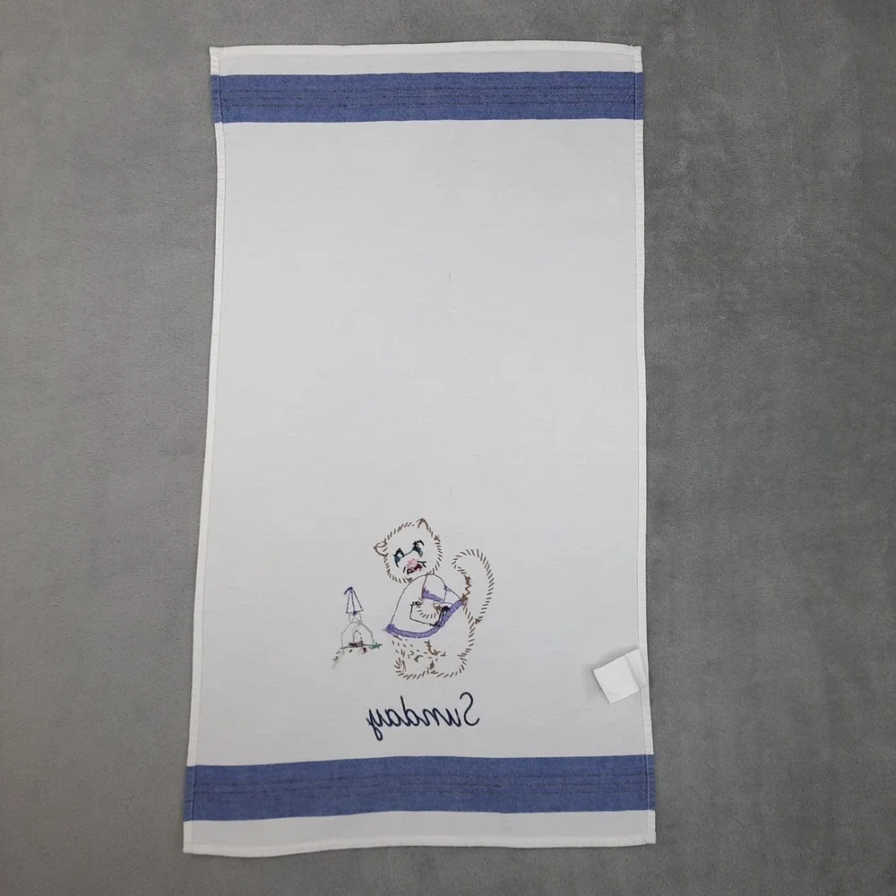 Vintage Cat Tea Towel Kitchen Embroidered Sunday Kitty‎ Church Day of the Week